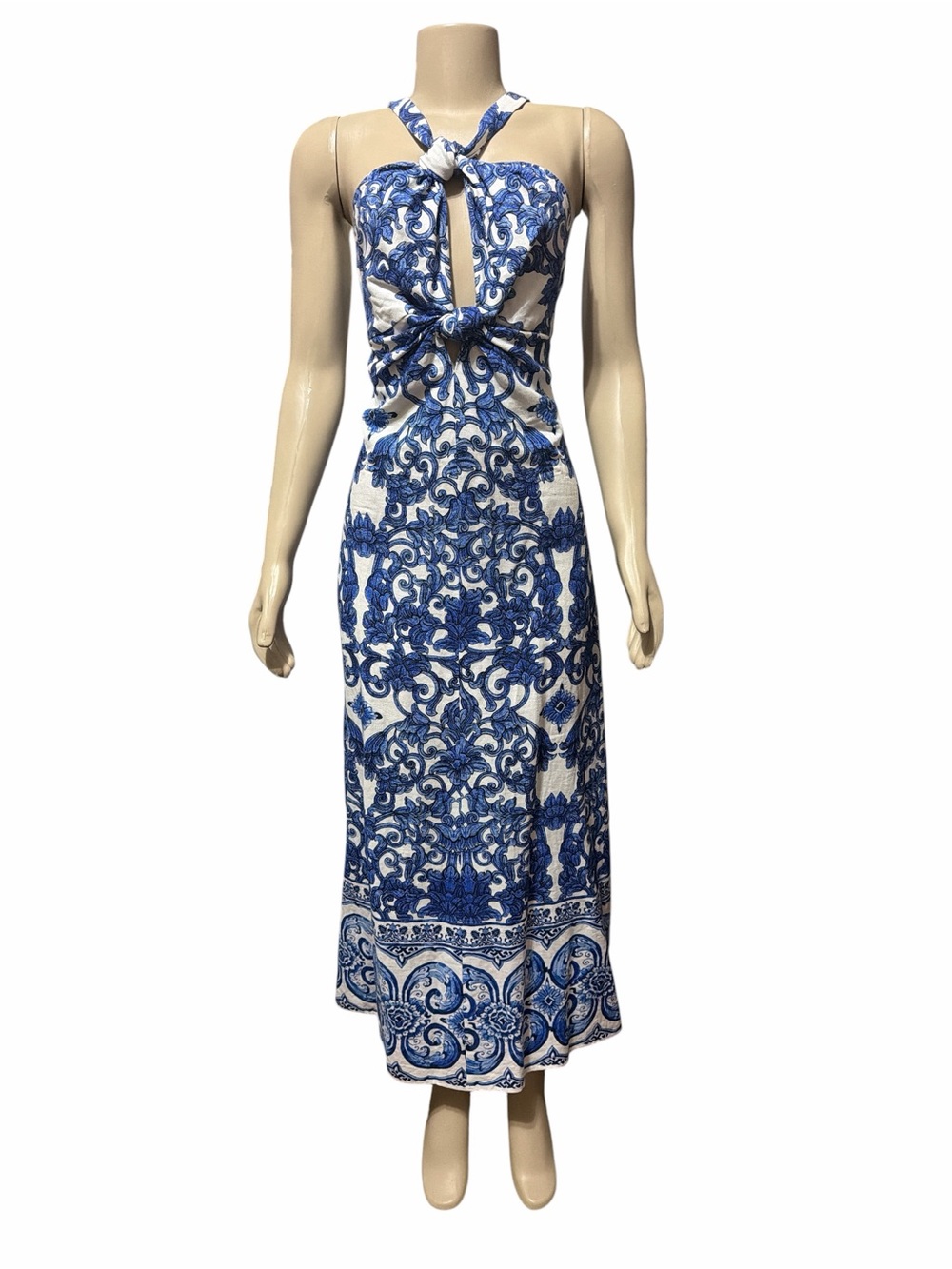 Antonio Melani Sz 4 Bronwyn Blue Print Twist Knot Halter Maxi Dress Linen Blend